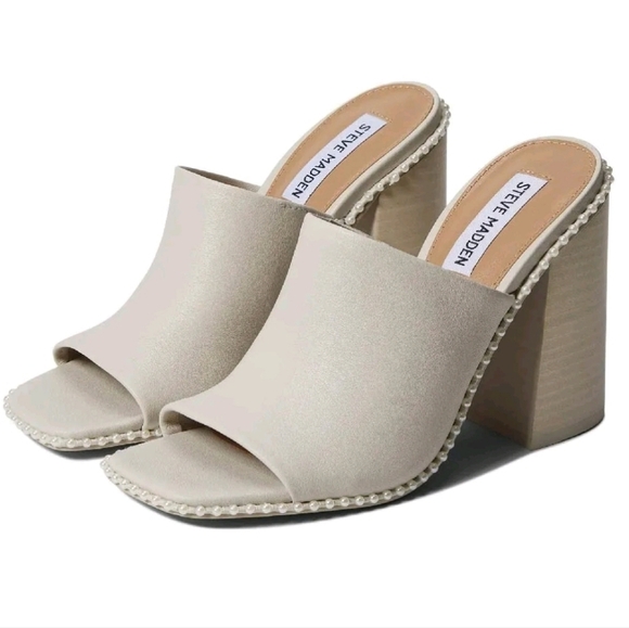 Steve Madden Decoded Bone White Pearl Mule Sandals Open Toe Block Heel Sz 9 New - Picture 2 of 14